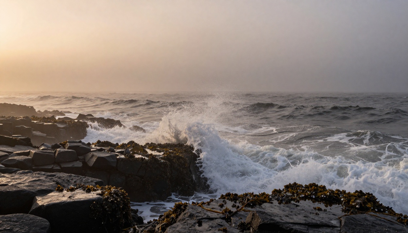 Rugged rocky coastline at dusk with heavy sea mist and rose amber sidelight