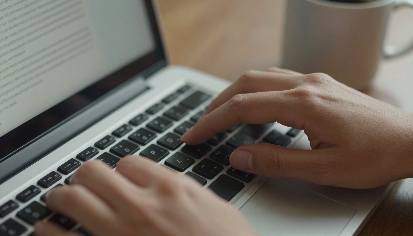 Close-up of hands typing newsletter on laptop keyboard in warm morning light