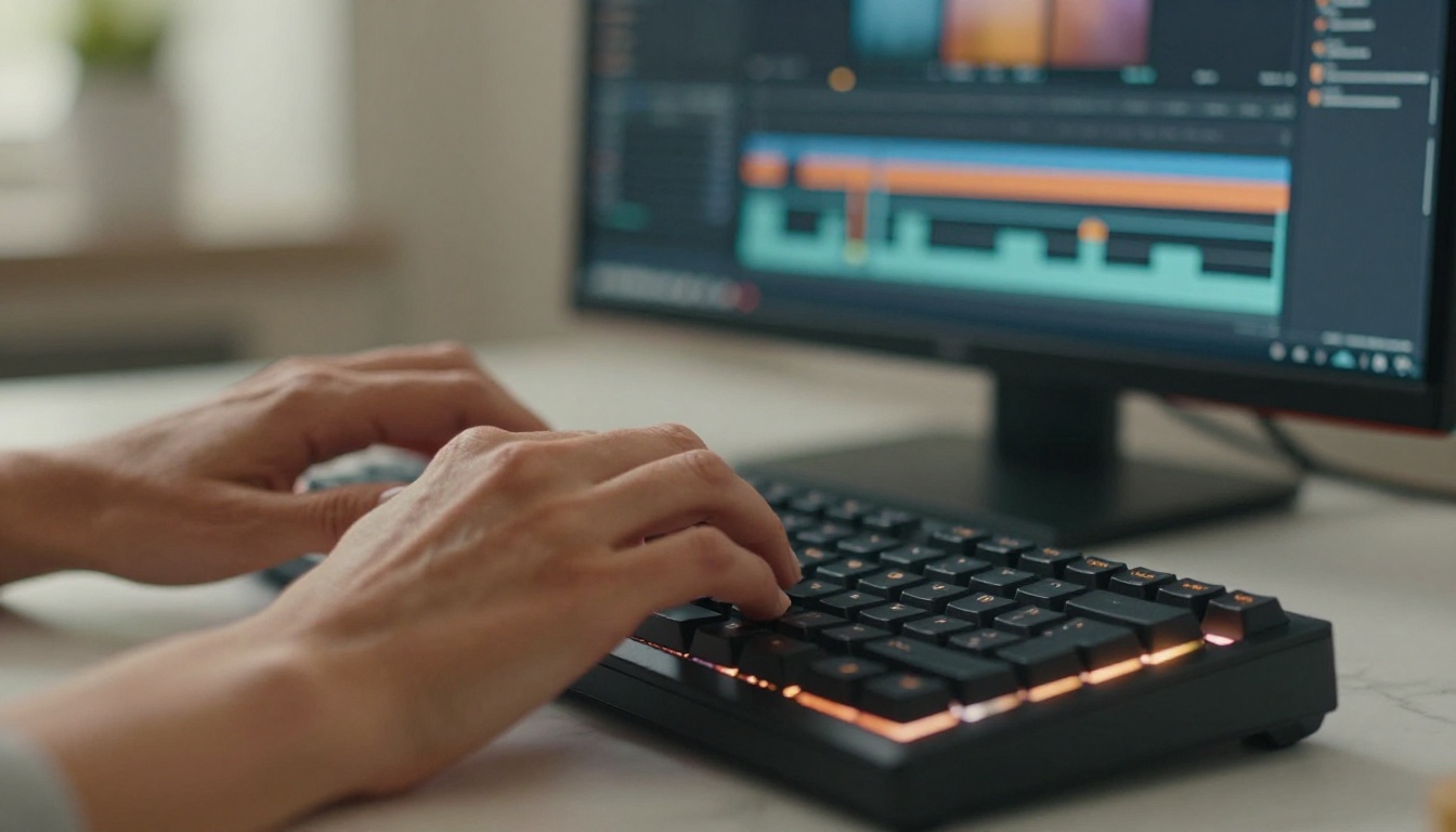 Creative video editor working at a desk with editing interface visible on keyboard and monitors in warm studio light