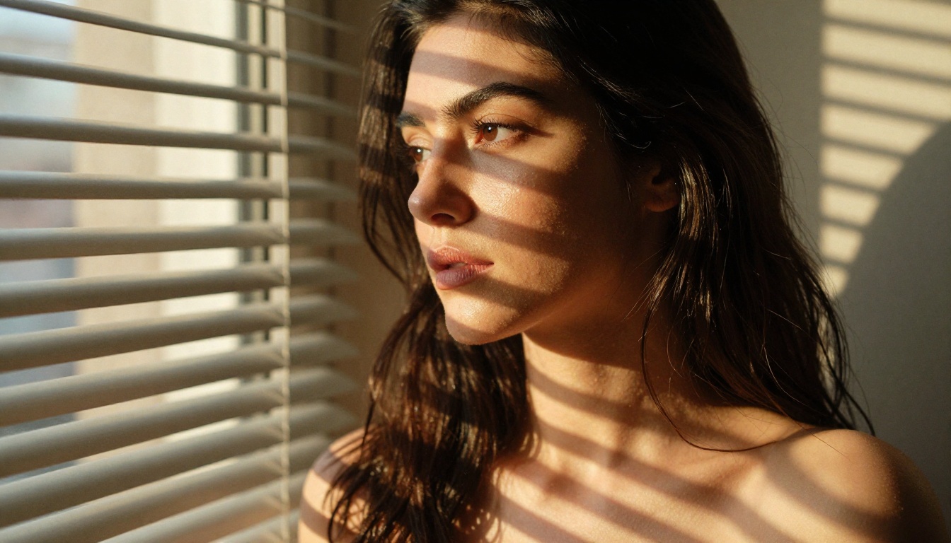 Close-up portrait with Venetian blind shadow stripes across skin, revealing three-dimensional facial contours