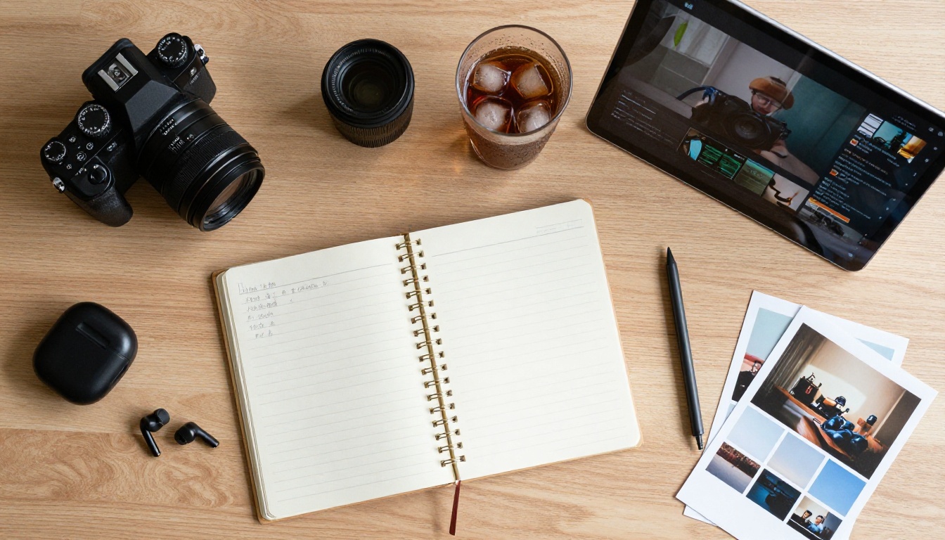 Aerial flat lay of a filmmaker's creative workspace with camera, notebook, coffee, and tablet showing video tracks