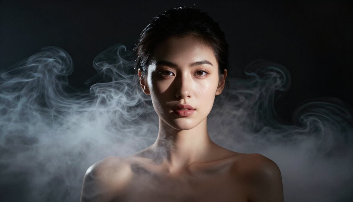 Studio portrait of a woman emerging from dense white atmospheric smoke with dramatic half-shadow