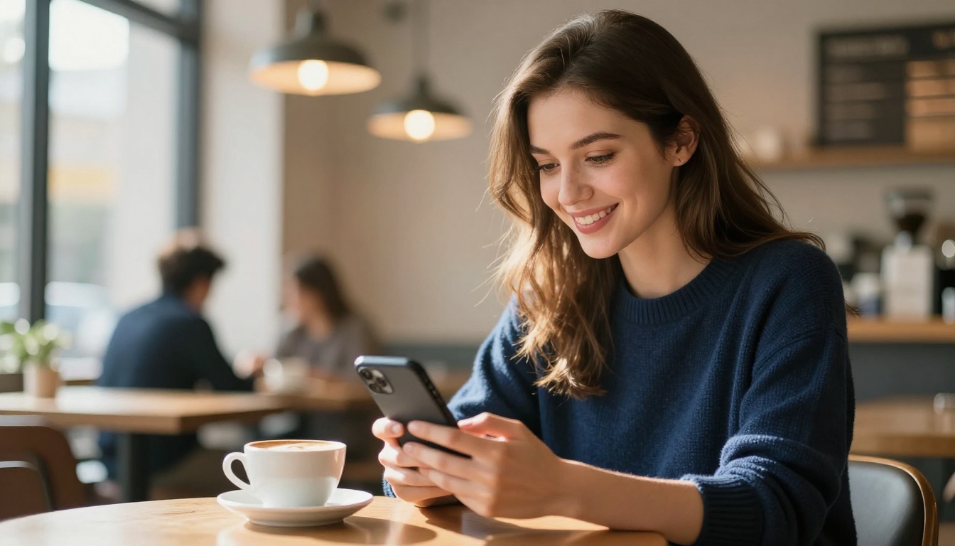 Woman smiling reading email newsletter on smartphone in coffee shop