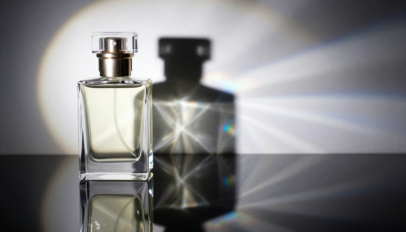 Glass perfume bottle with complex caustic refraction shadow on polished black acrylic, mirror reflection below