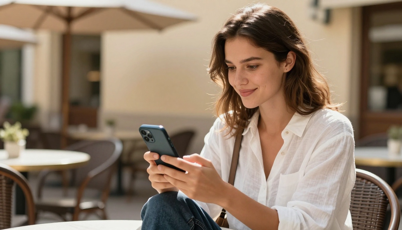 Young woman at an outdoor cafe watching a smartphone video with visible animated caption overlay, warm natural daylight