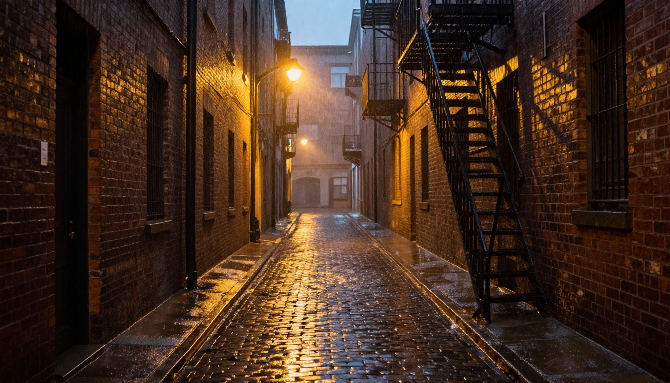 Narrow rain-soaked European alleyway at night with a warm sodium streetlamp at the far end and cobblestone reflections