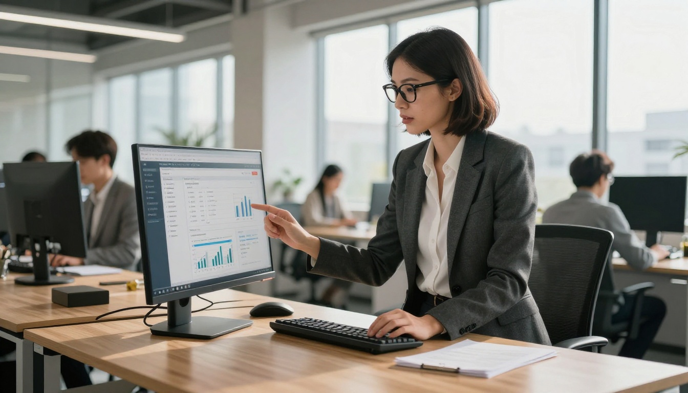 Marketing professional reviewing newsletter analytics on monitor standing at desk