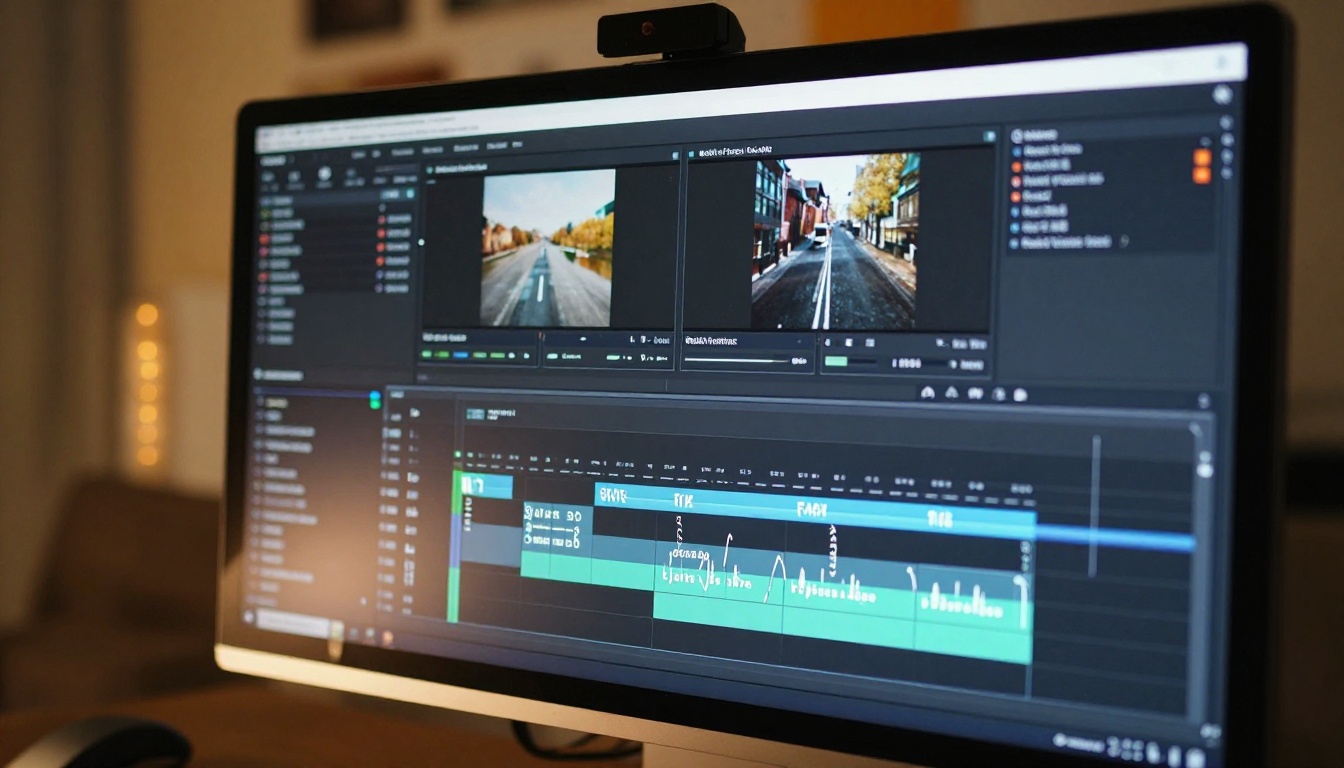 Close-up of a 4K monitor showing professional video editing timeline with animated text layers and motion keyframes in a dark studio