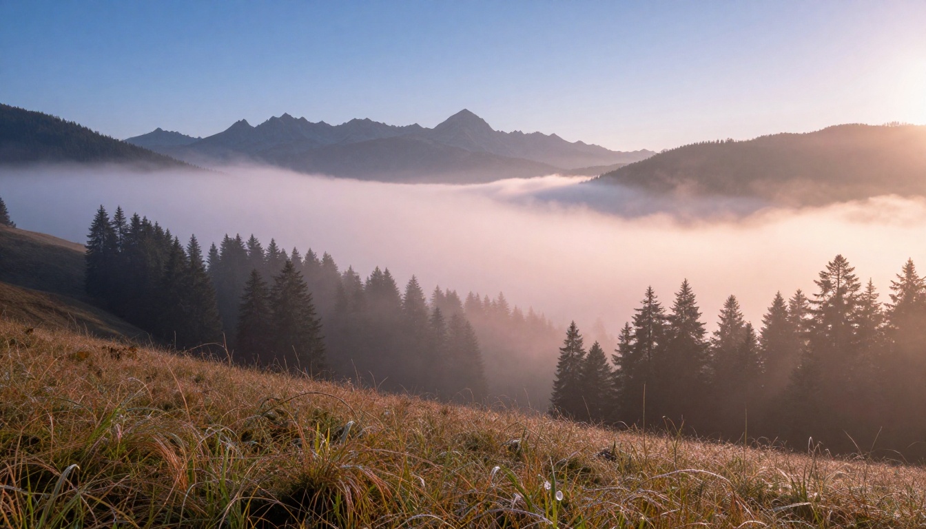 Sweeping mountain valley at dawn with low fog between alpine peaks and golden alpenglow