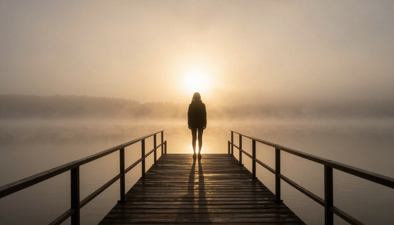 Lone silhouette on a foggy pier at dawn with amber glowing mist and perfect water reflection