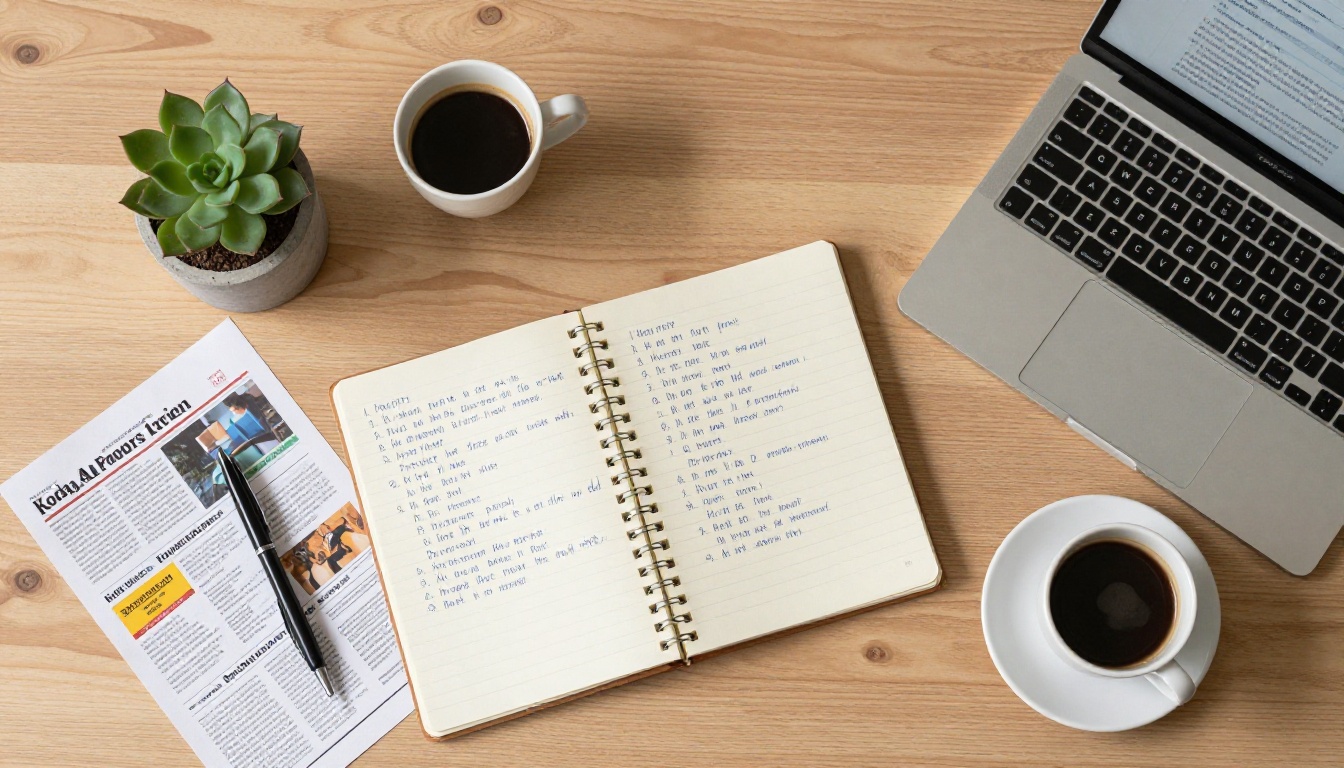 AI newsletter writing workspace flat lay with notebook and laptop