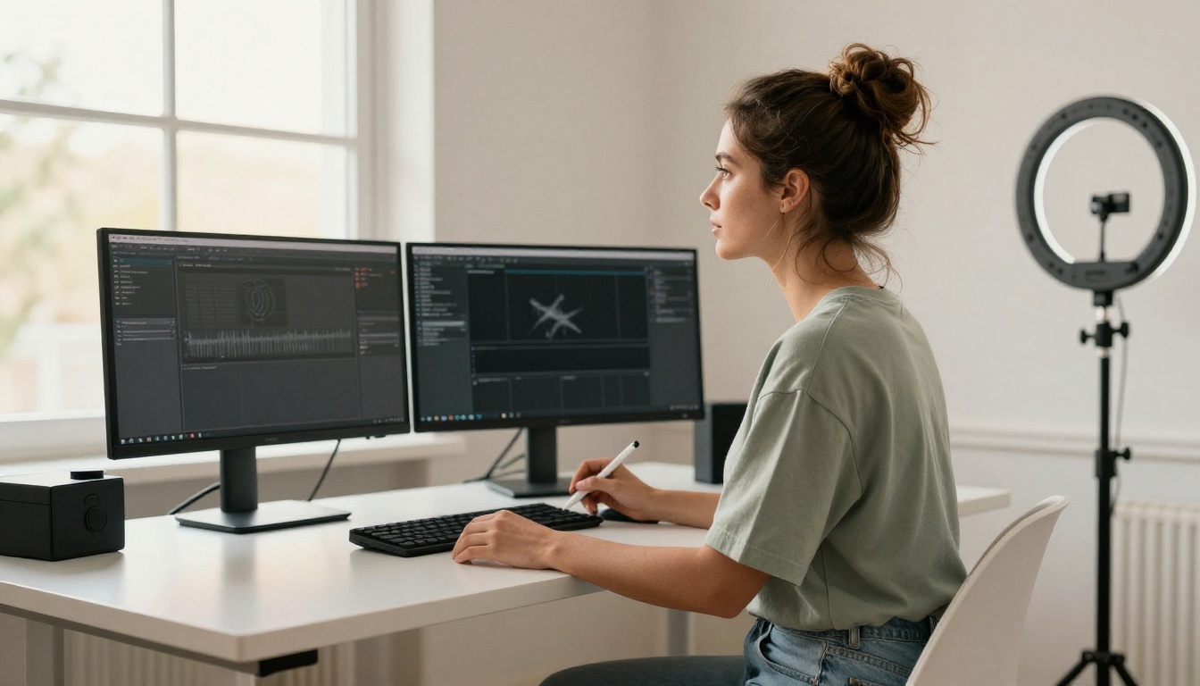 Female content creator standing at a multi-monitor desk setup in a bright home studio, holding a stylus, afternoon light from the right
