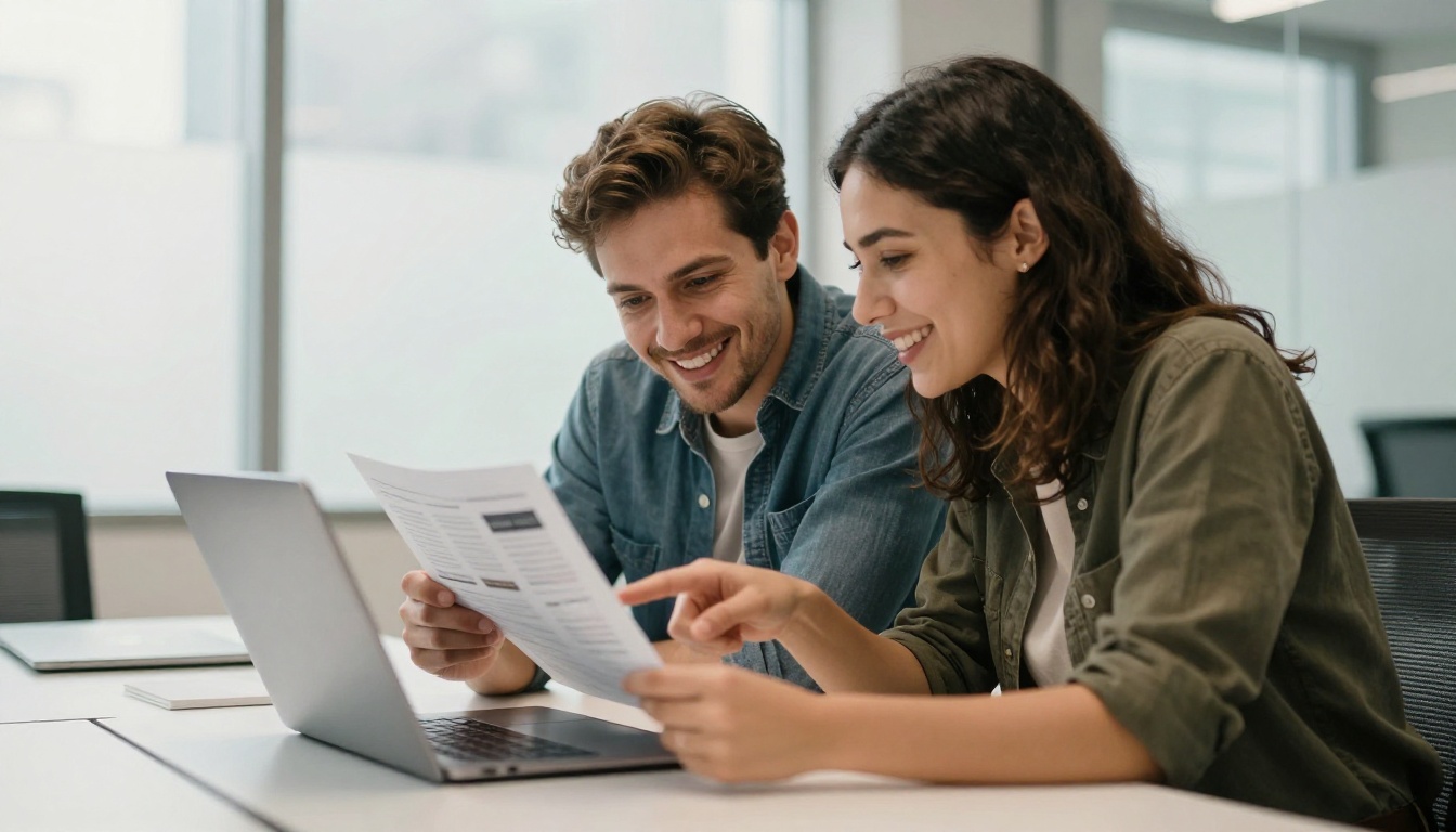Two professionals reviewing newsletter draft together on laptop