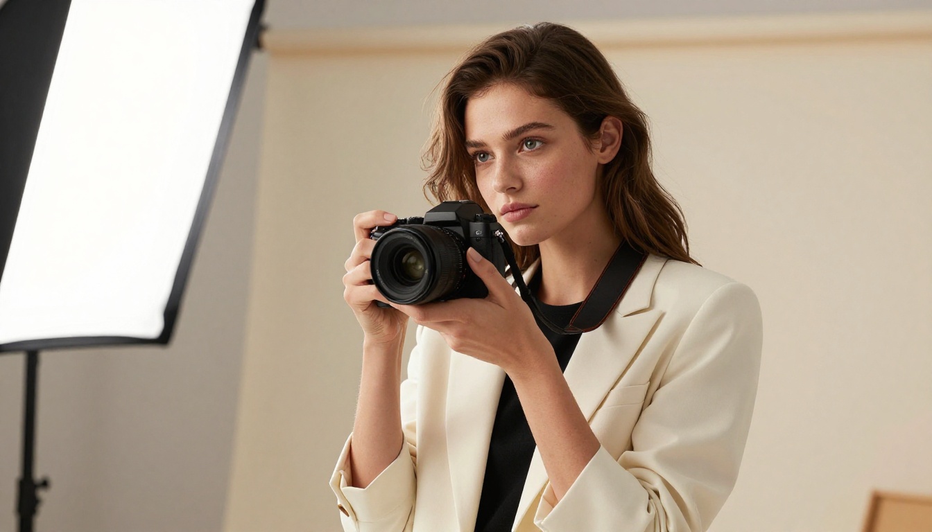 Low-angle shot of a confident woman holding a mirrorless camera in a professional studio with cream backdrop and directional morning light