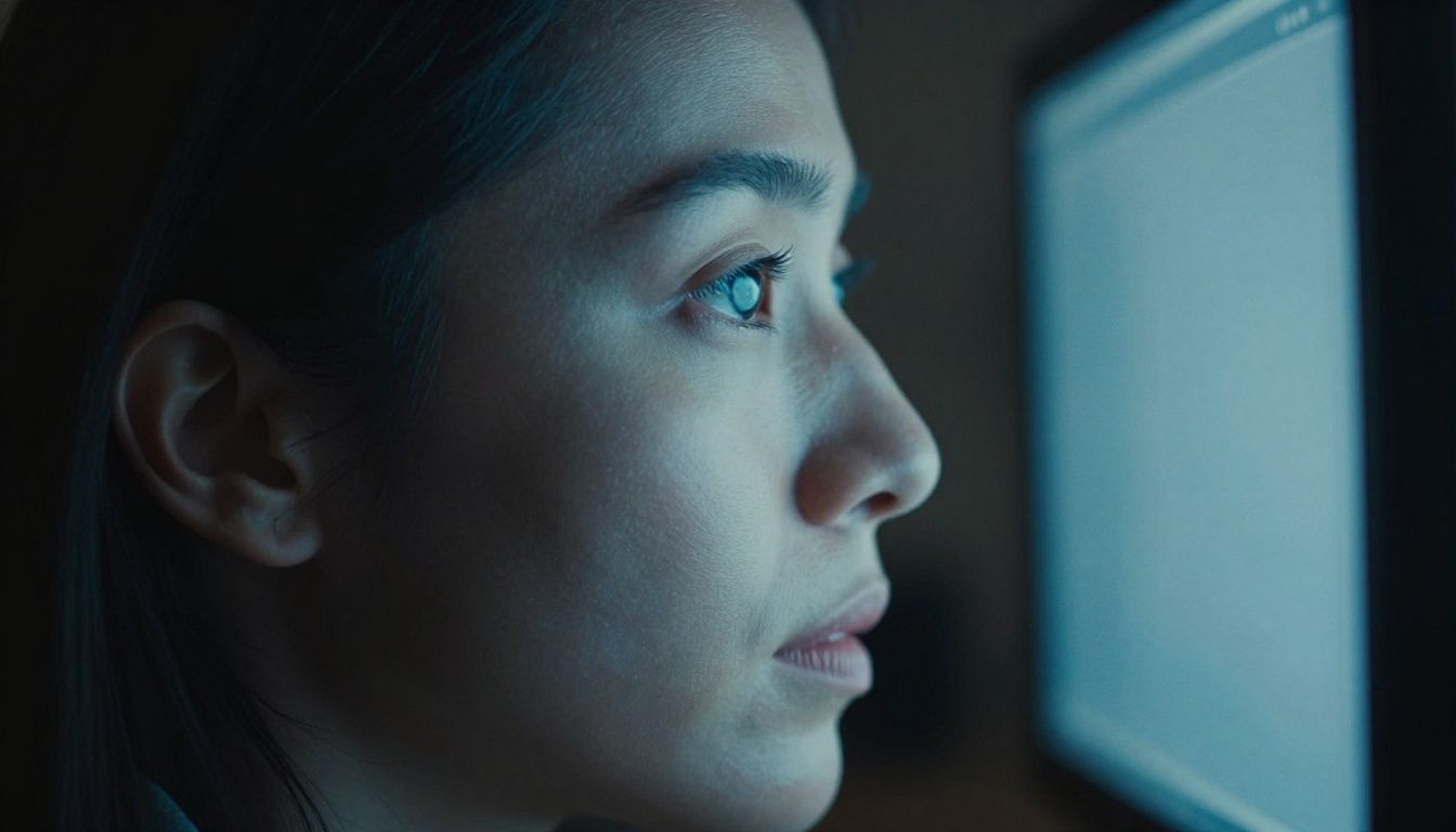 Side profile close-up of a woman's face softly illuminated by blue-white monitor glow in a dark room, intently focused on screen