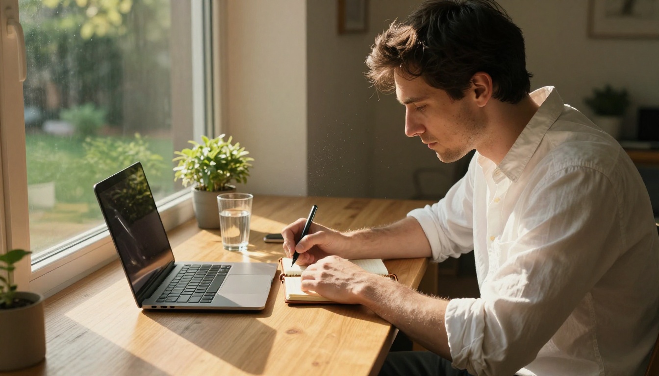 Man writing newsletter ideas in notebook beside window with morning light