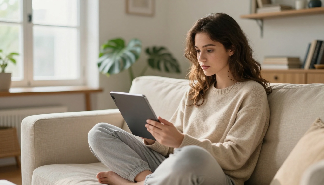 Young woman cross-legged on cream linen sofa watching a video on tablet, natural afternoon light from large windows, warm cozy living room