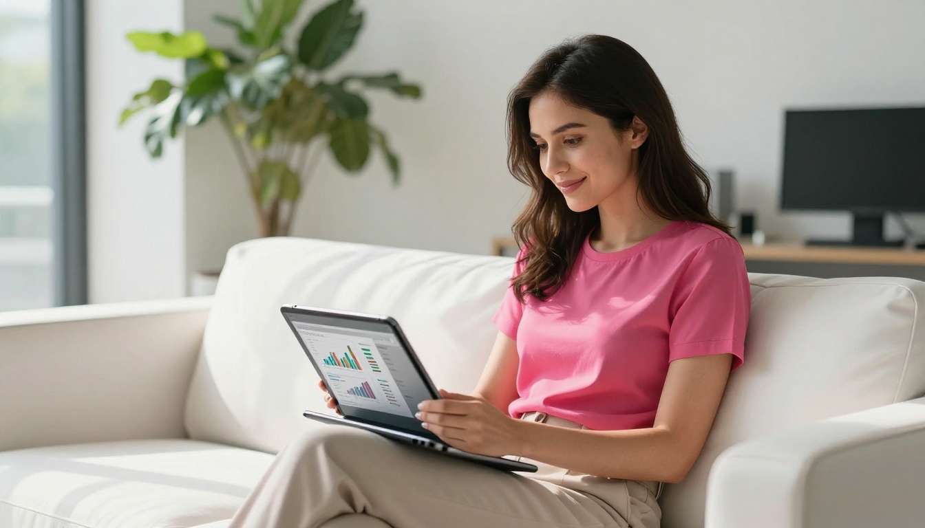 Woman reviewing newsletter campaign results on tablet on office sofa