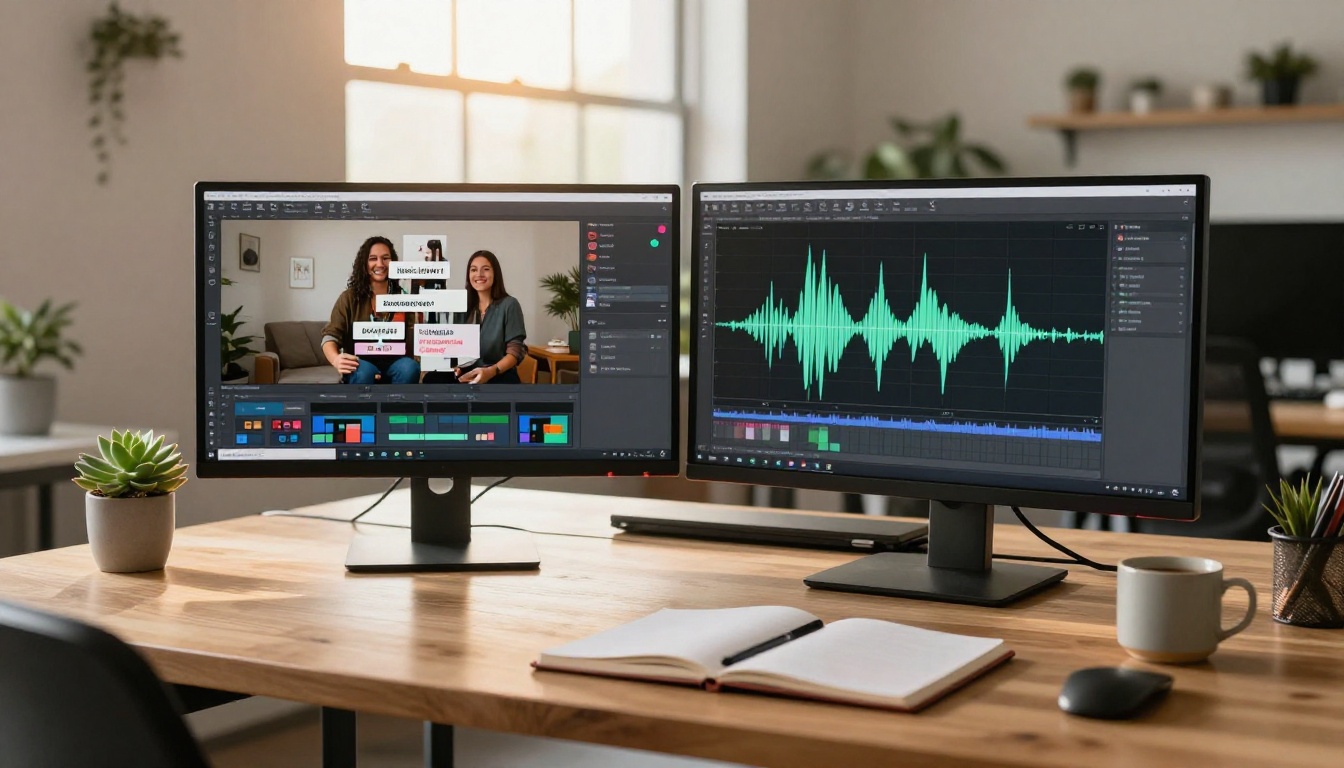 Two monitors side by side on a wide wooden desk showing a social video editor with caption tracks and audio waveform, morning window light from behind screens in bright office