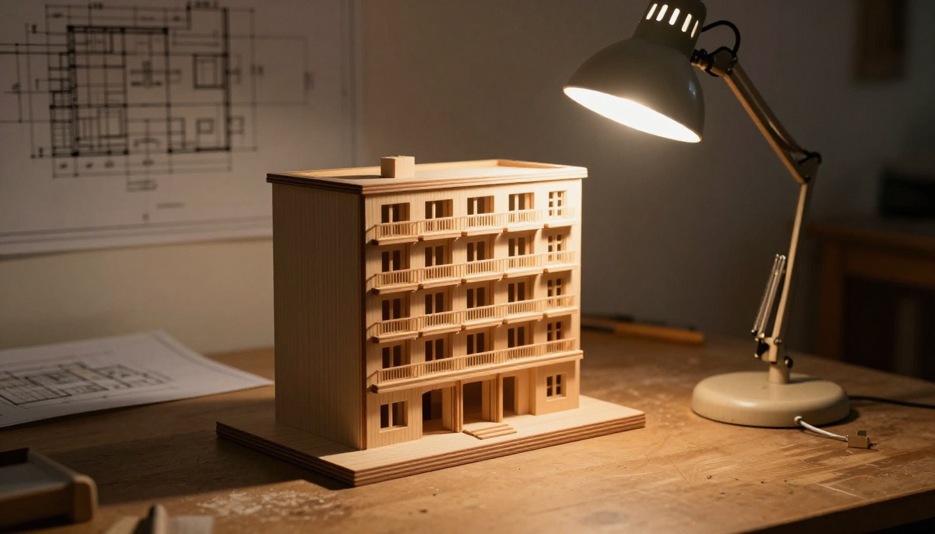 Architectural scale model lit by a single desk lamp, each floor level casting precisely layered shadows