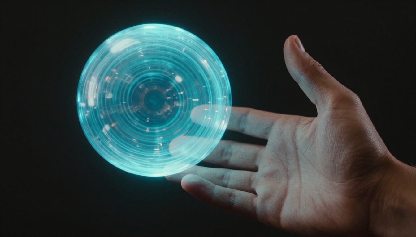 Translucent holographic hand reaching toward a glowing projection sphere