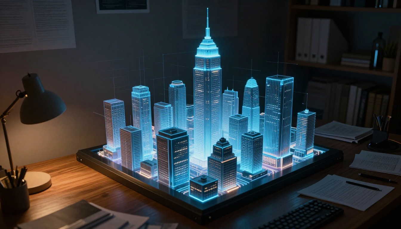 Miniature holographic city projection above a dark desk at night
