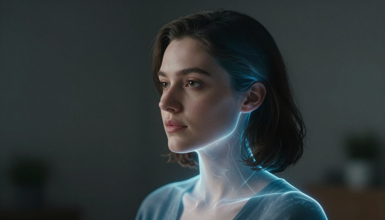 Woman portrait with translucent holographic overlay in dark studio