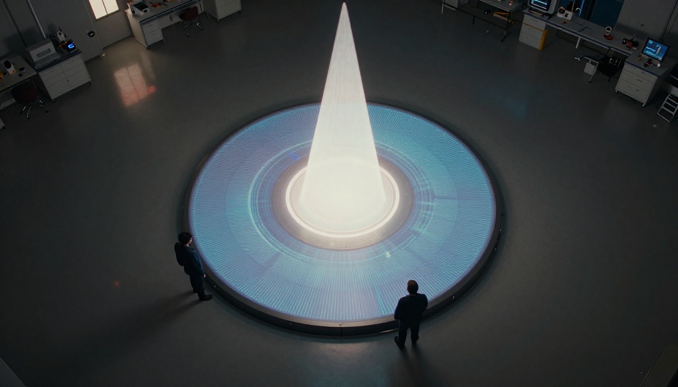 Aerial overhead view of hologram projection platform in laboratory