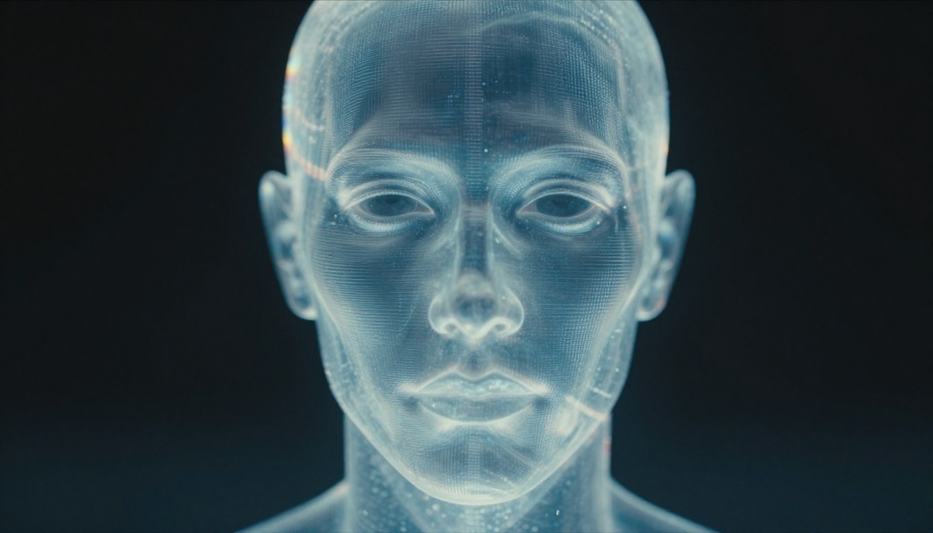 Close-up translucent face holographic projection hovering in pure darkness