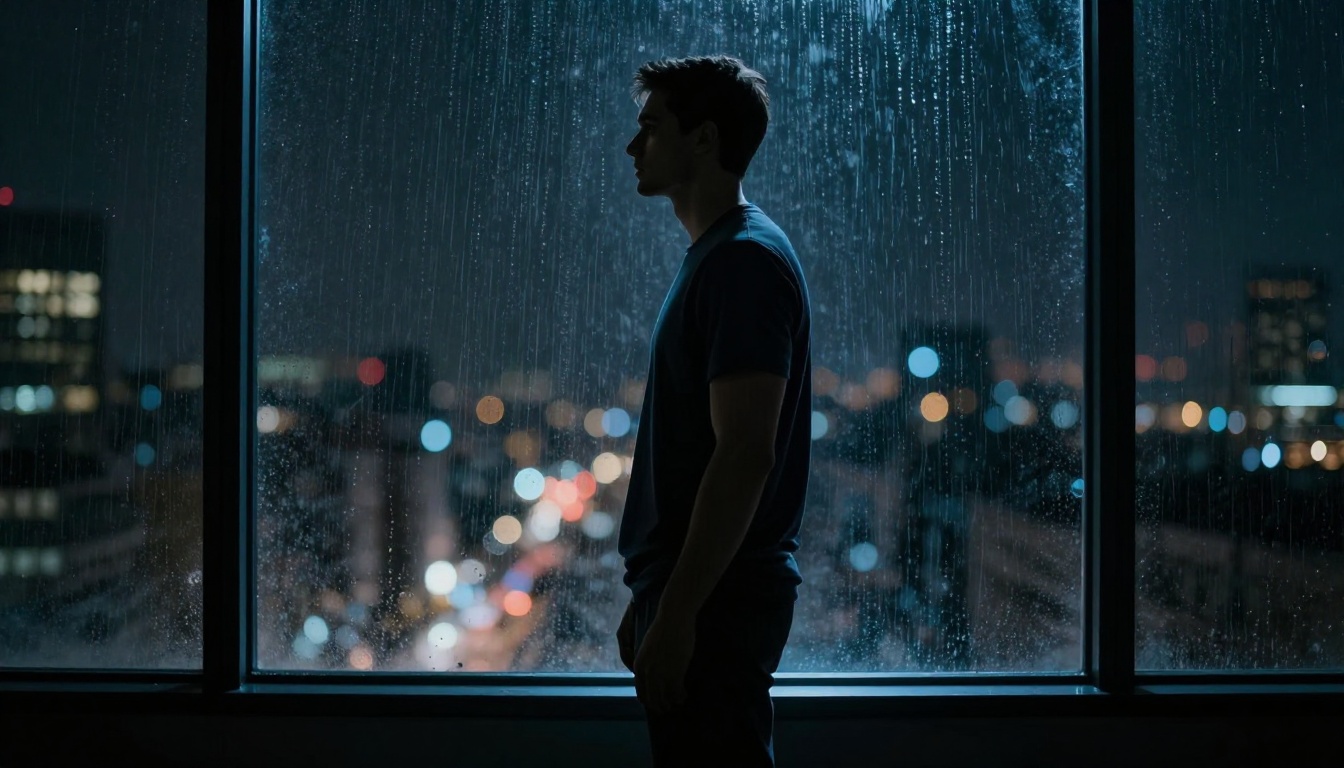 Side profile of a man with blue holographic silhouette at a rainy night window