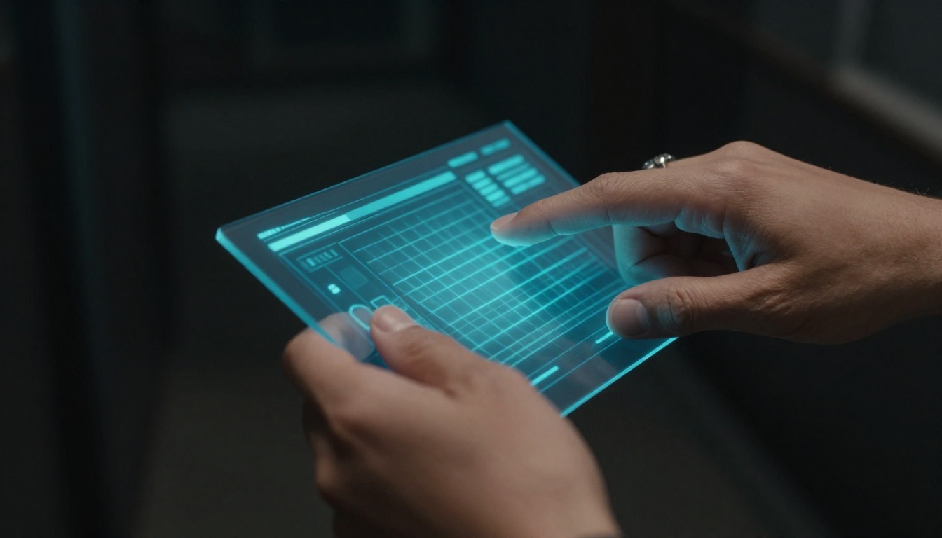 Two hands interacting with a flat holographic interface panel in a dark corridor