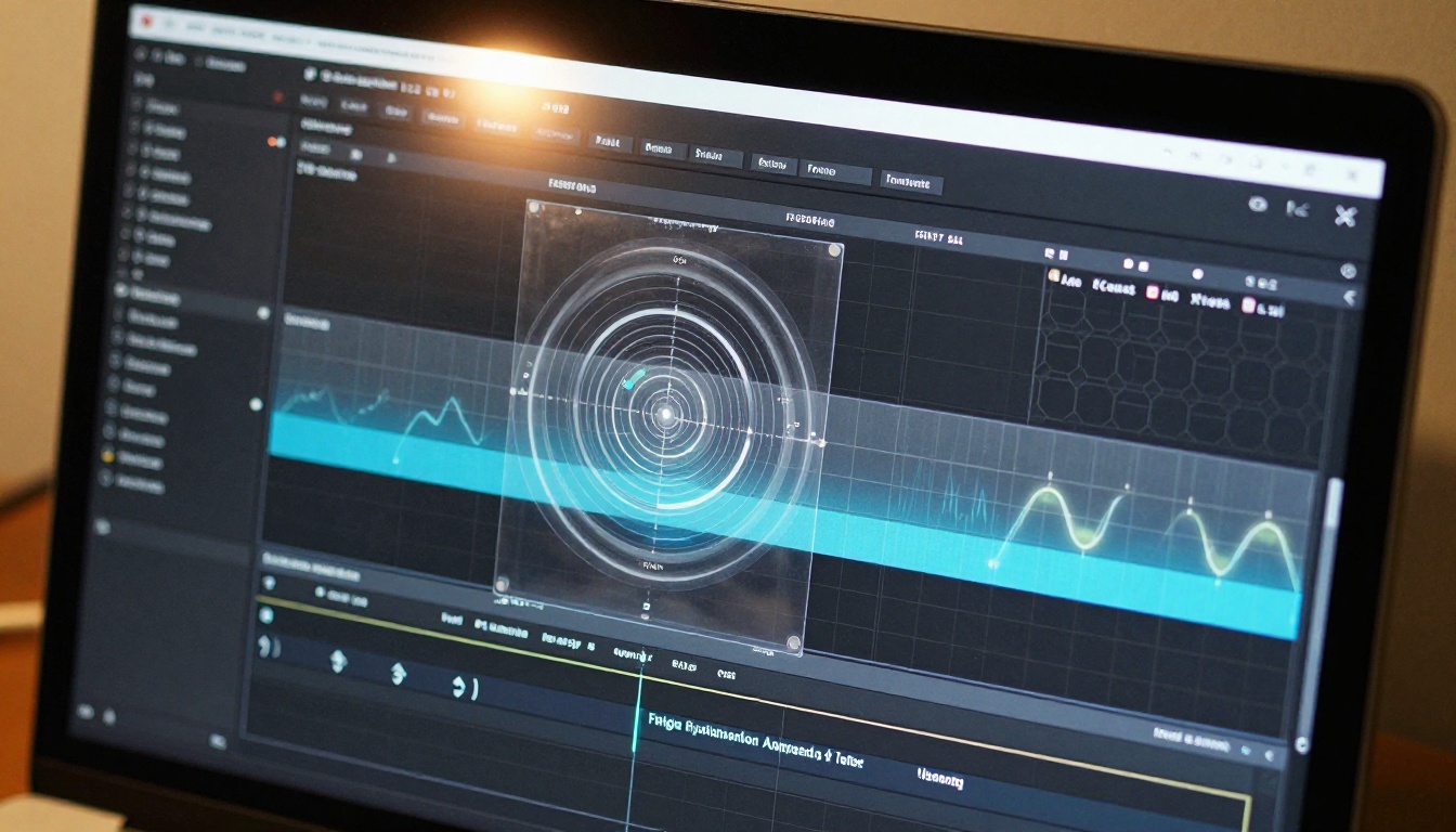 A professional graphic designer at a workstation with multiple monitors displaying layered sci-fi UI interface elements