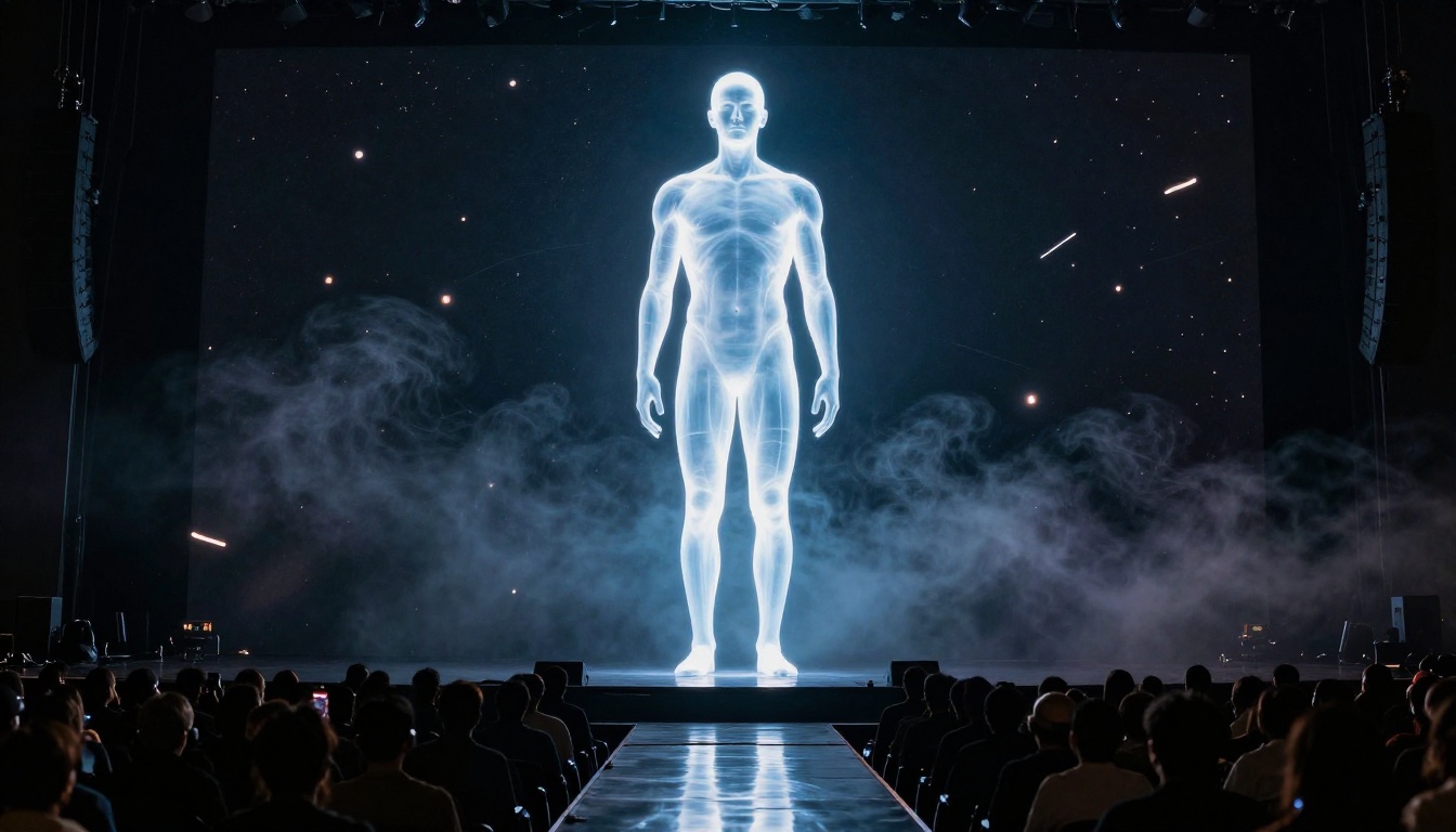 Wide-angle shot of large-scale holographic projection at a dark concert stage with audience silhouettes