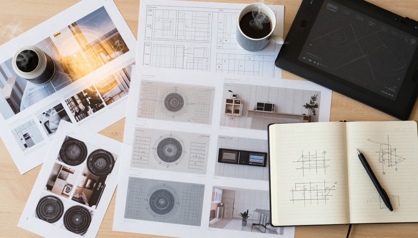 Overhead flat-lay of a designer's desk with printed UI overlay design sheets and transparent acetate mockups