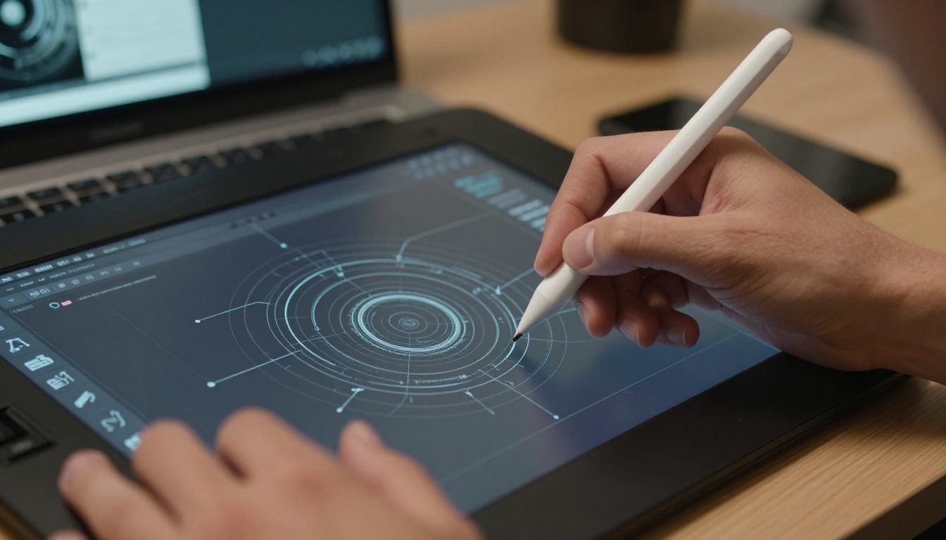 Close-up of a designer's hands using a stylus pen over a drawing tablet displaying a sci-fi HUD wireframe blueprint