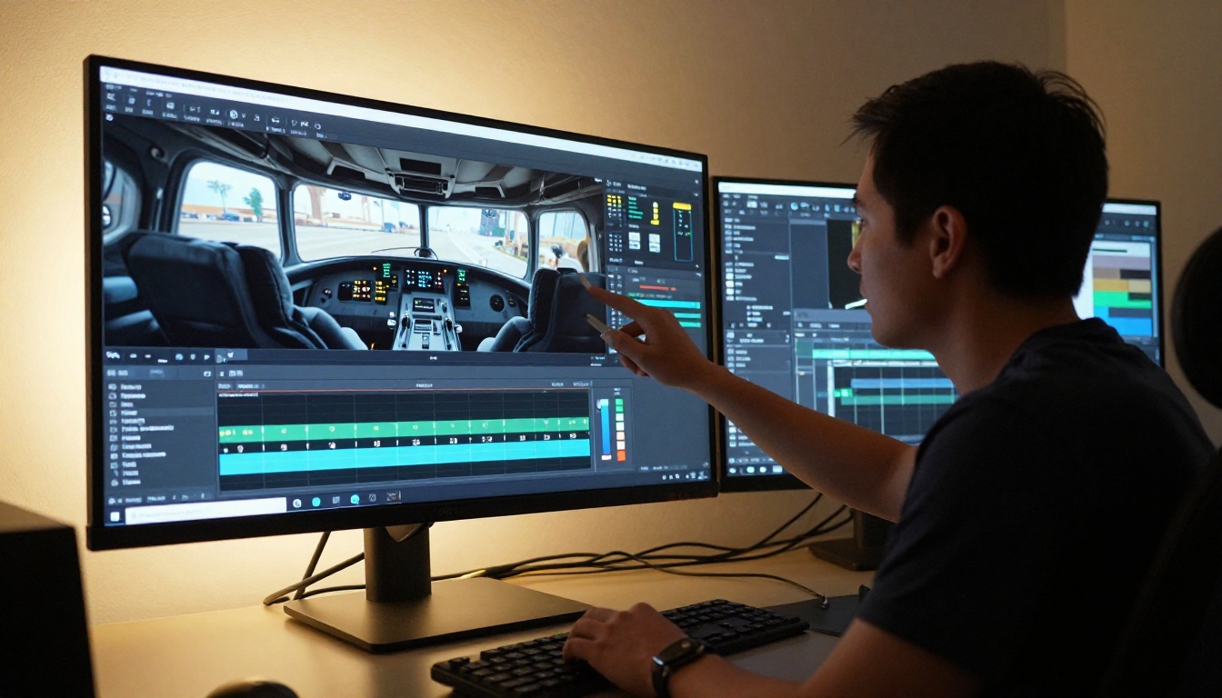 Side profile of a motion graphics artist reviewing a large monitor showing sci-fi UI overlays composited over cockpit footage
