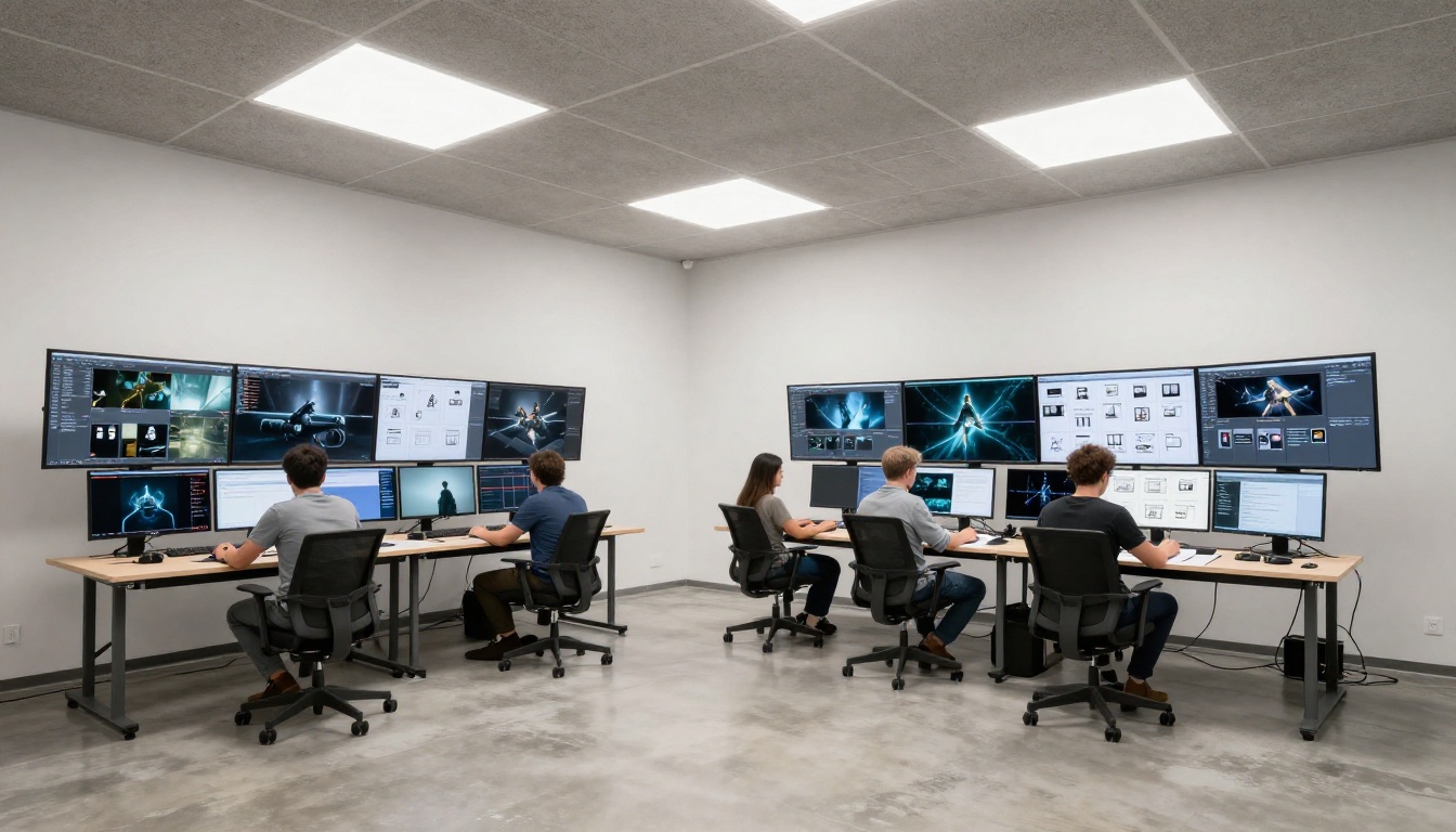Wide shot of a professional VFX studio with two designers collaborating over printed storyboards at a long table