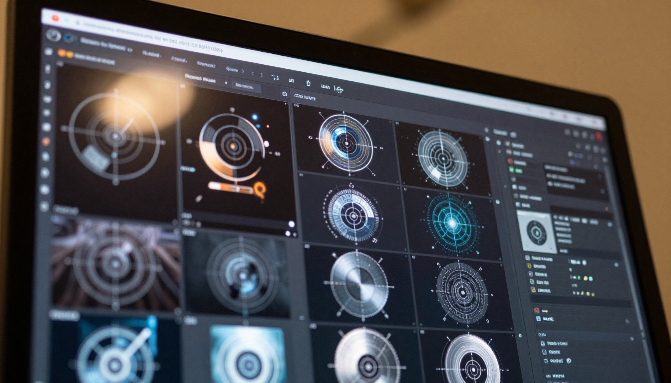 Extreme close-up of a high-resolution monitor showing a grid of AI-generated sci-fi UI overlay results in a browser