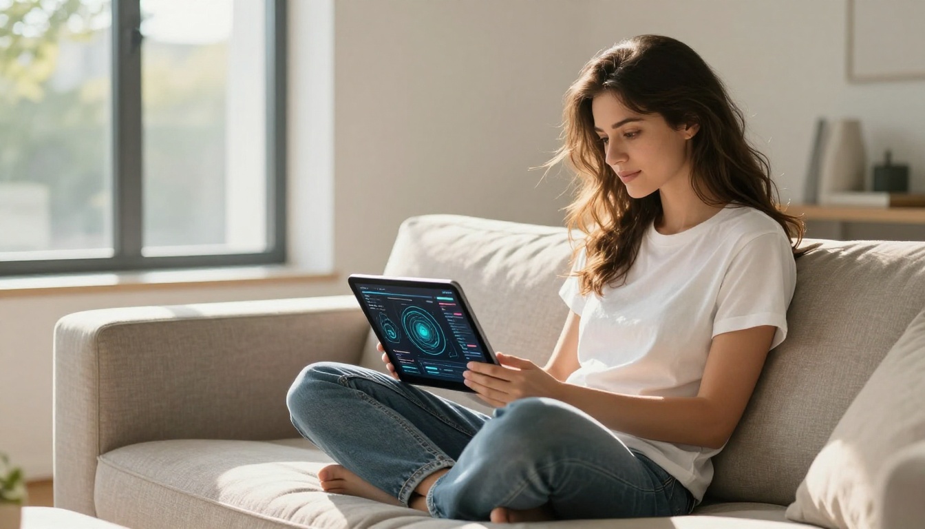 Young woman sitting on a sofa in a bright studio apartment holding a tablet displaying sci-fi UI overlay designs she created with AI
