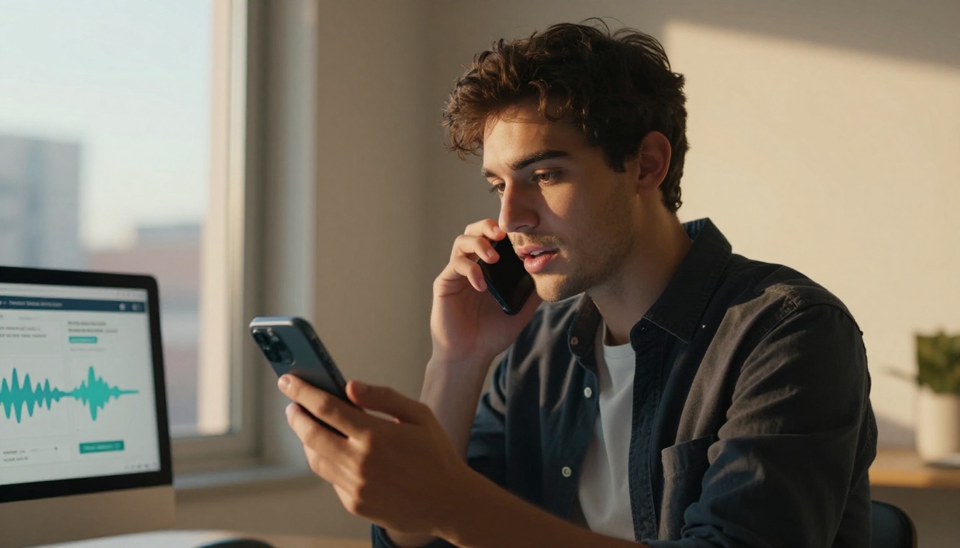 Man practicing language pronunciation with AI on his smartphone at home