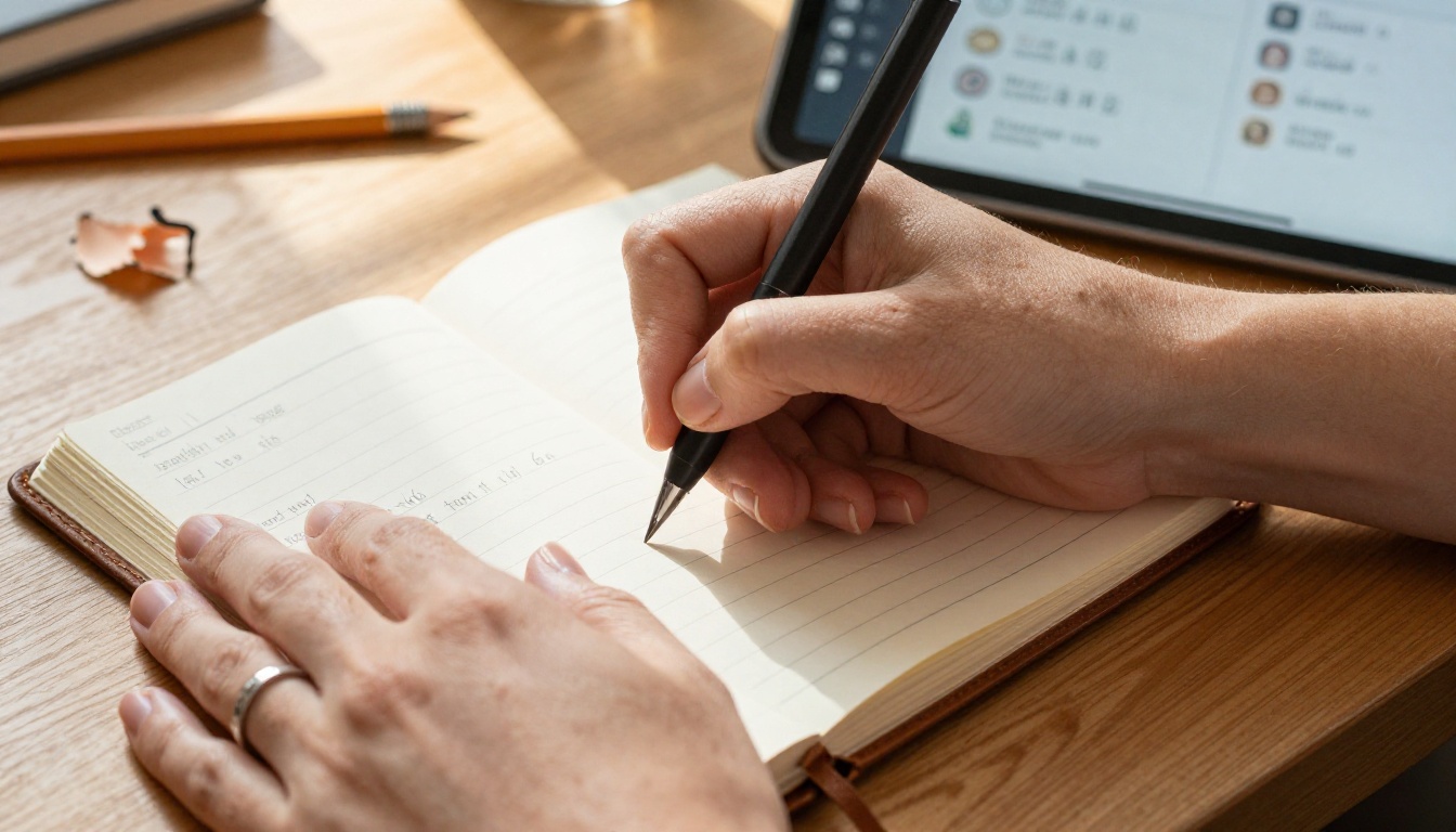 Close-up of hands writing vocabulary in notebook beside AI flashcard tablet