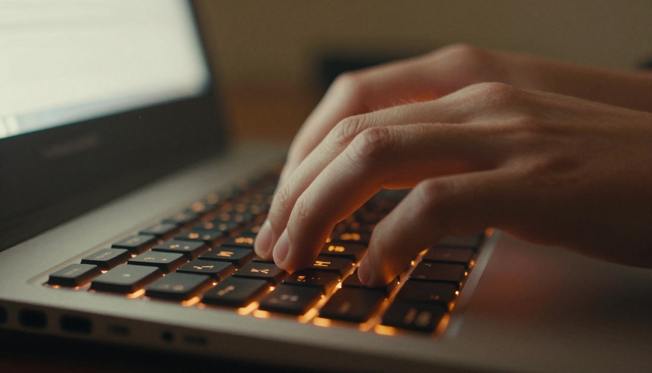 Close-up of hands typing on mechanical keyboard with warm amber backlight