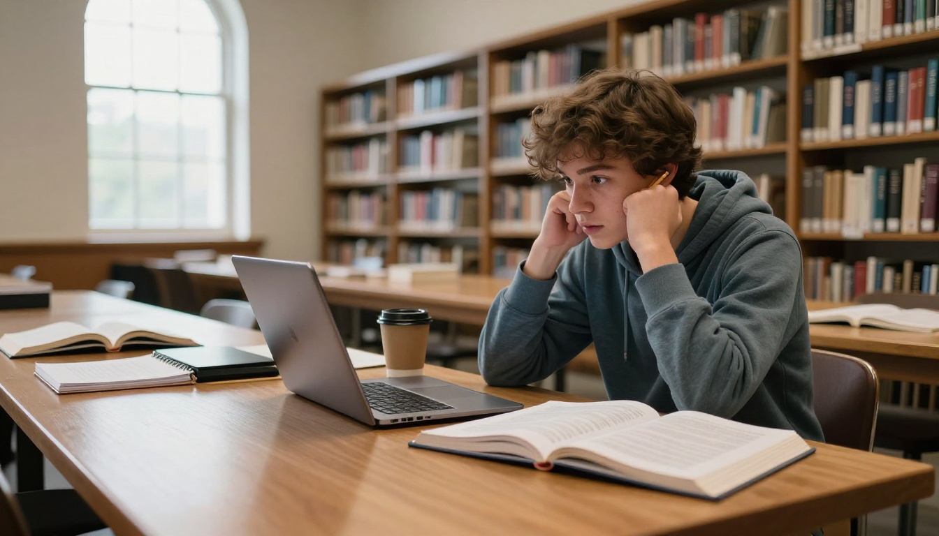 Student researching at library table with open textbooks and laptop