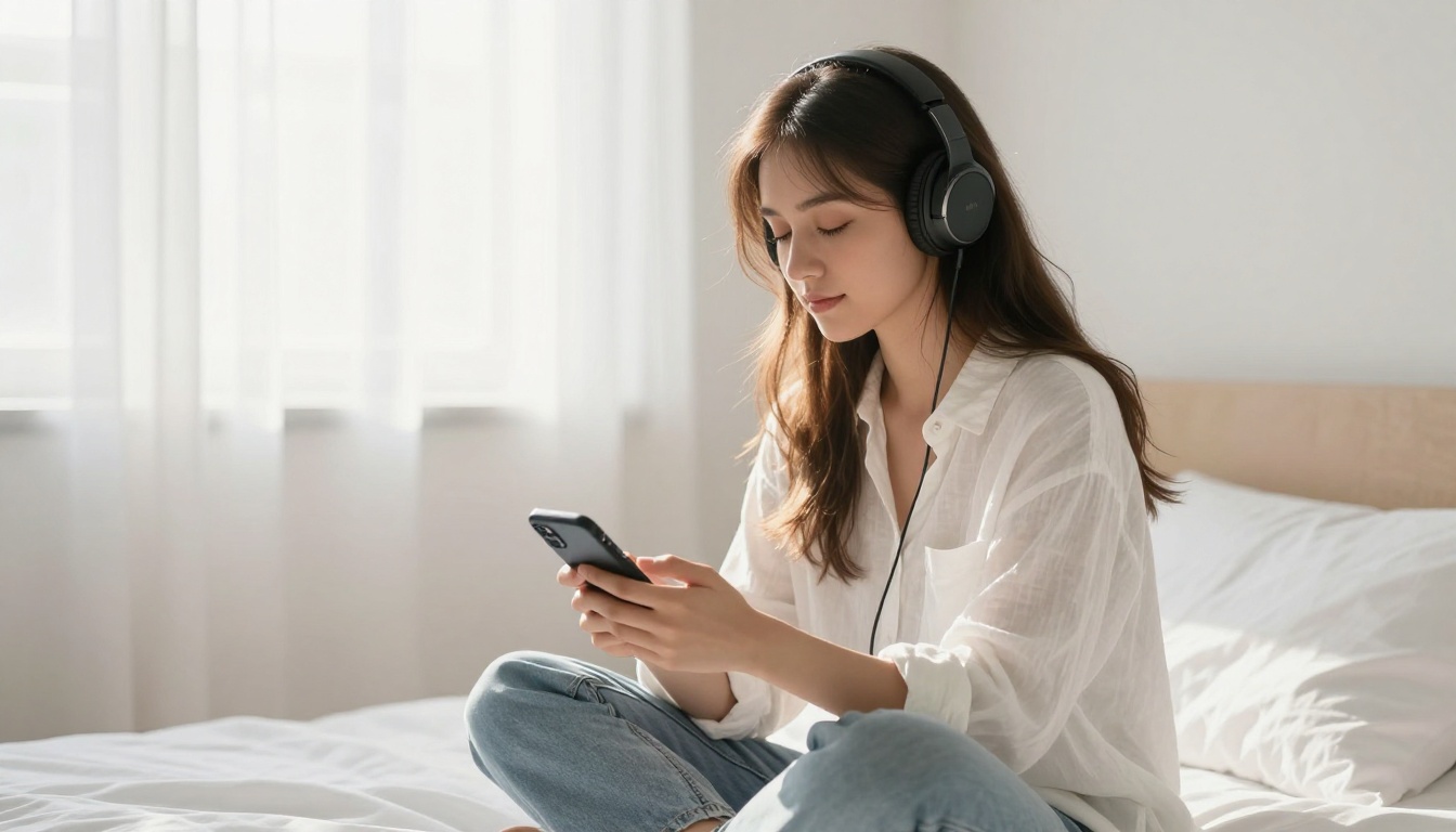 Woman listening to AI-generated language audio through headphones in morning light