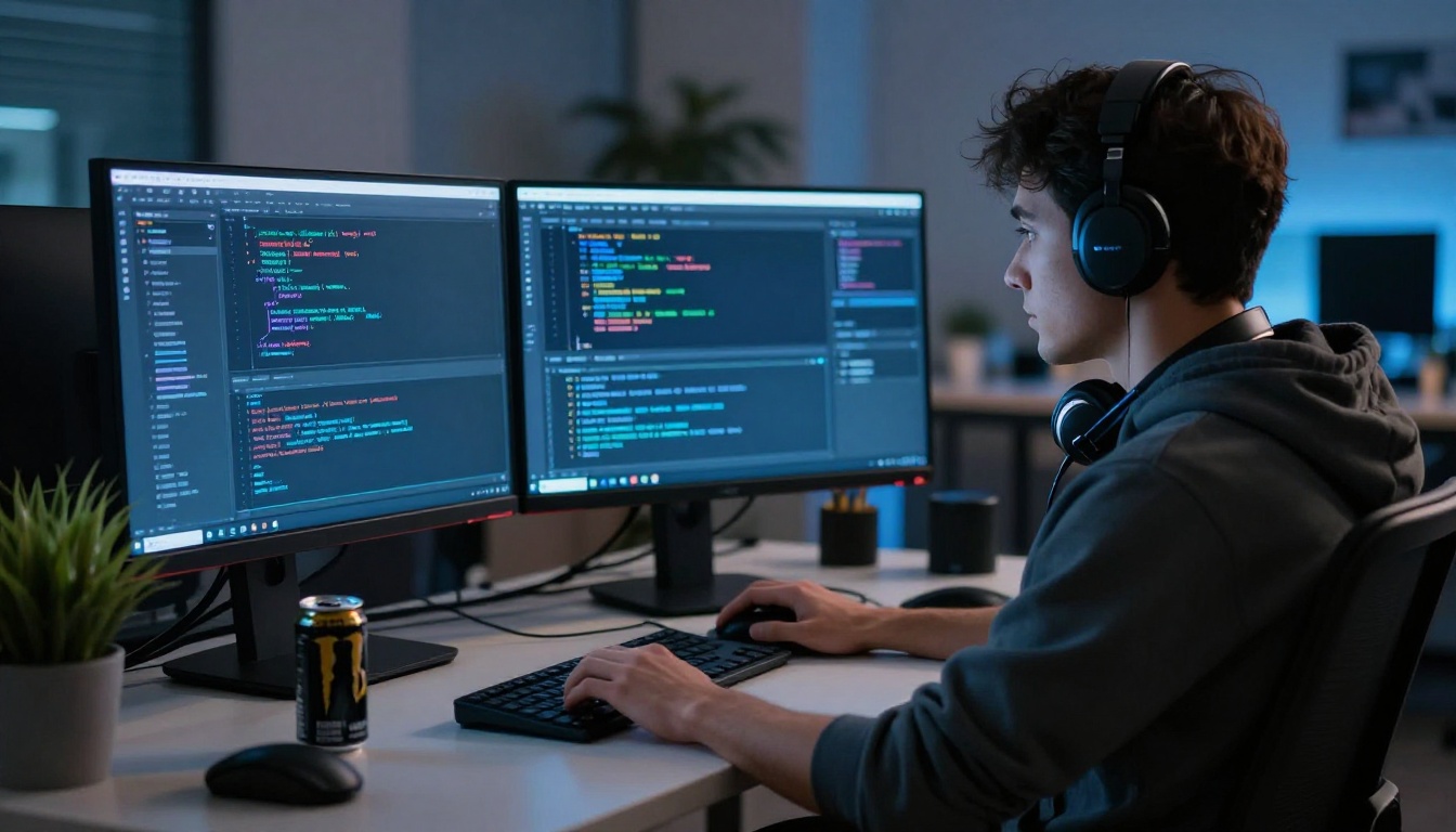 Software developer at dual monitors showing dark-mode code editors glowing blue in dim room
