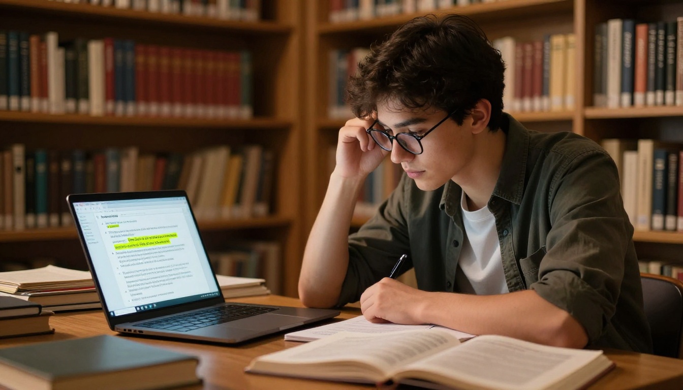Student using AI language model chat interface in university library
