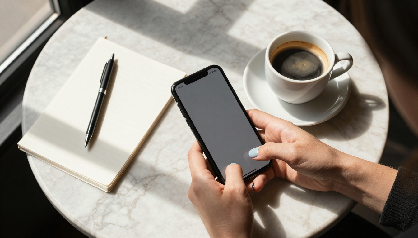 Aerial view of woman scrolling smartphone at marble cafe table with flat white coffee