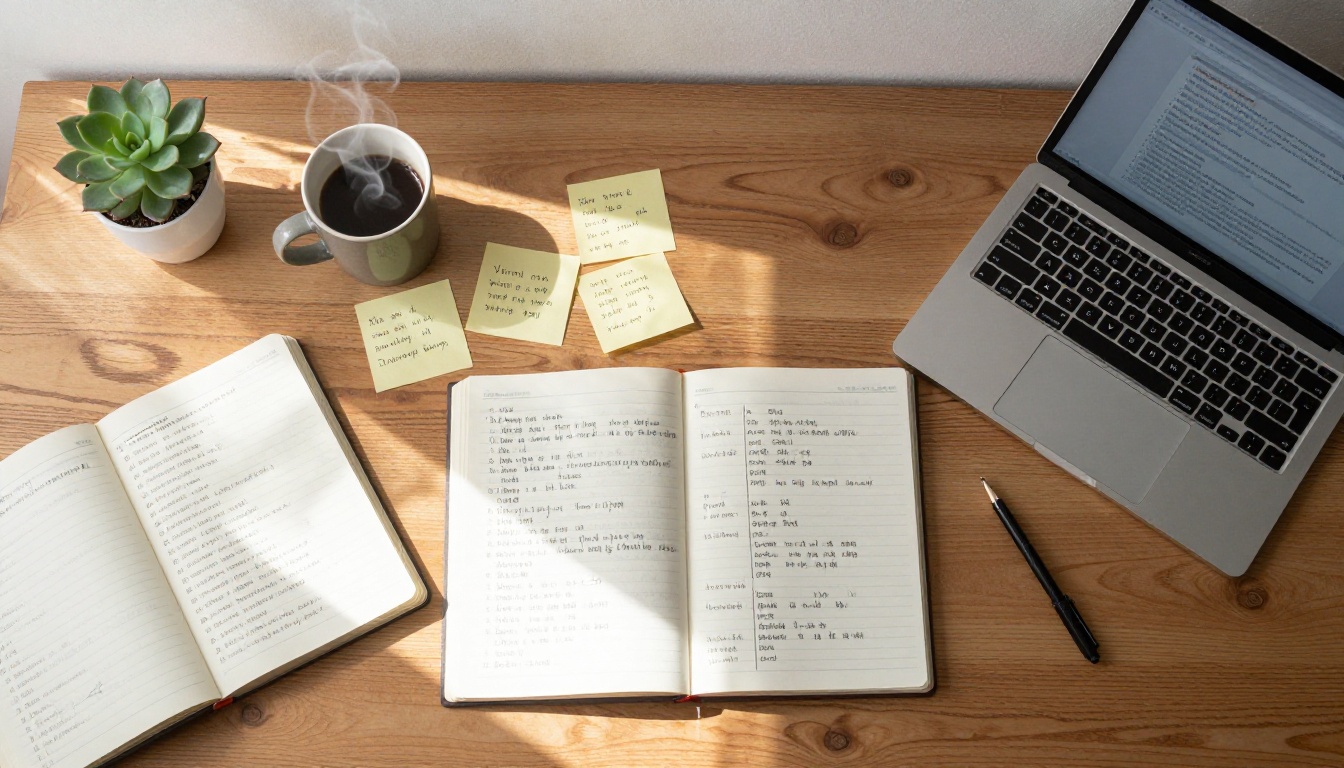 Aerial flat lay of organized language study desk with notebooks and laptop