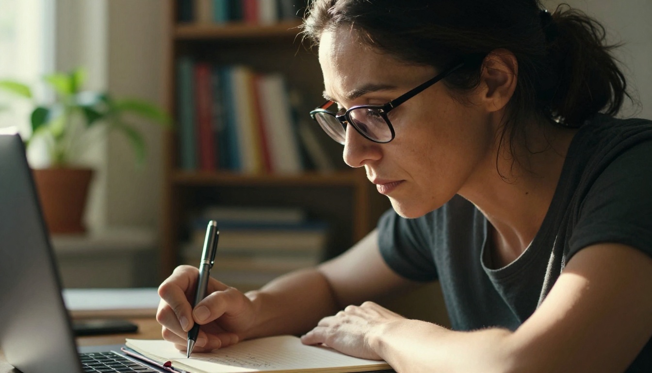 Focused woman with reading glasses reviewing handwritten notes beside her laptop