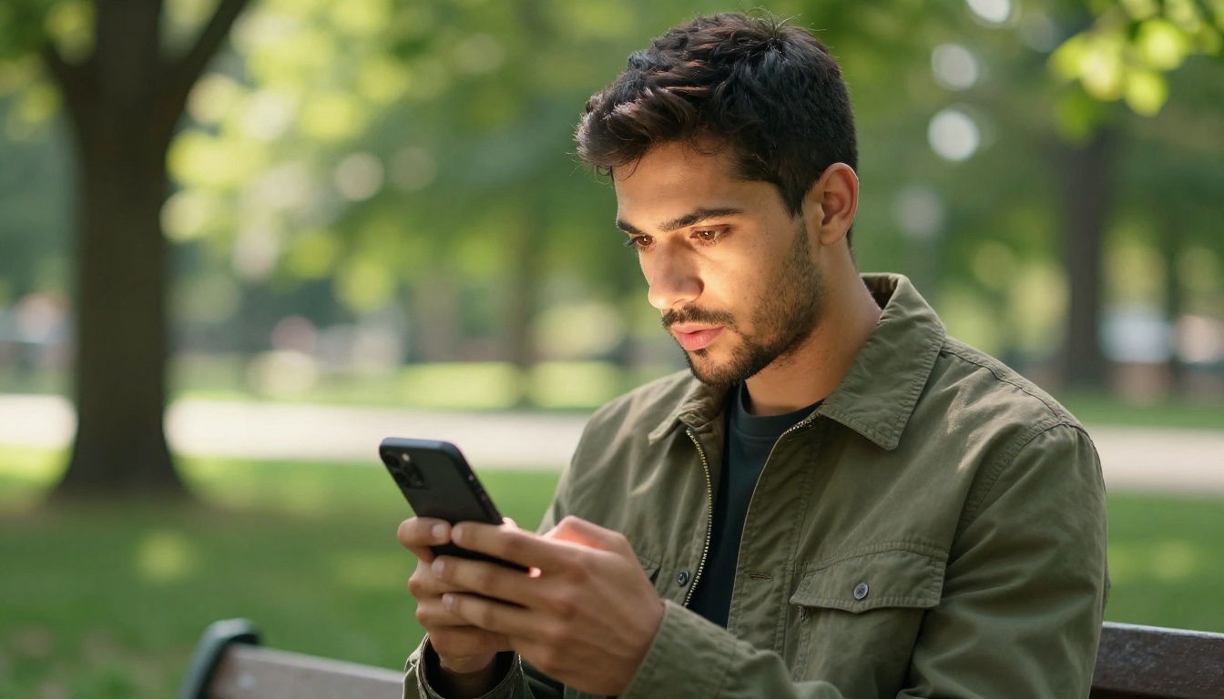 Man practicing language pronunciation outdoors in park while looking at phone